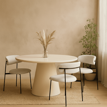 Jídelní stůl Savannah z mikrocementu kulatý o prumeru 120 cm, béžový