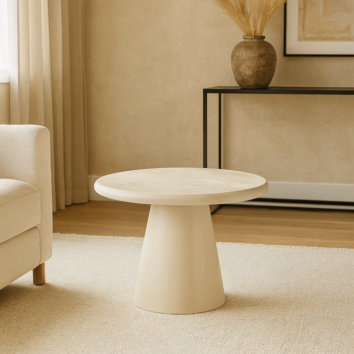 Jídelní stůl Savannah z mikrocementu kulatý o průmeru 60 cm, béžový
