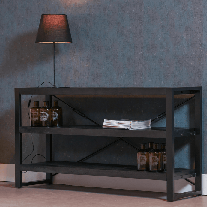 Knihovna z mangového dřeva Britt Black nízka, 150 cm- mahagon